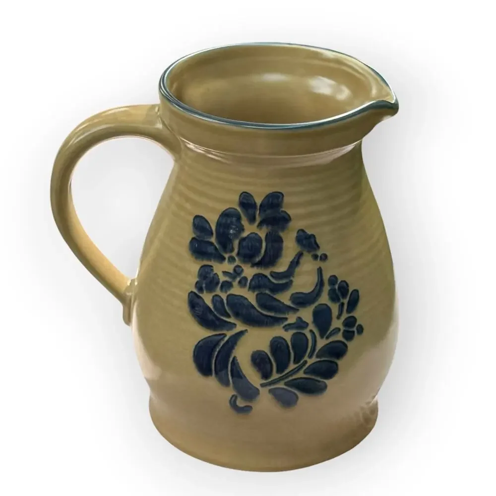 Vintage 80s Pfaltzgraff Tan & Blue Floral Folk Art Stoneware 2.5 Qt Pitcher #416